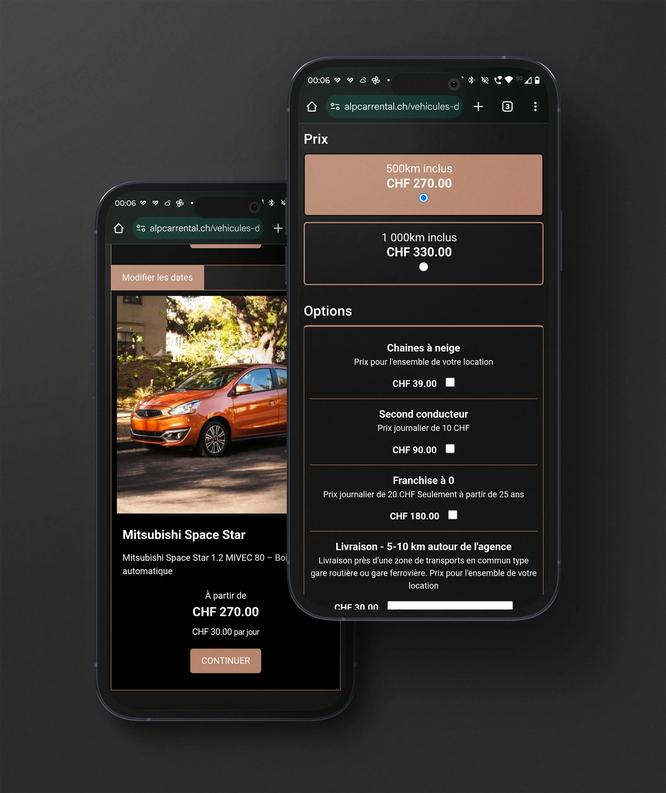 Mock-up mobile du site alpcarrental.ch affichant l’interface responsive sur smartphone
