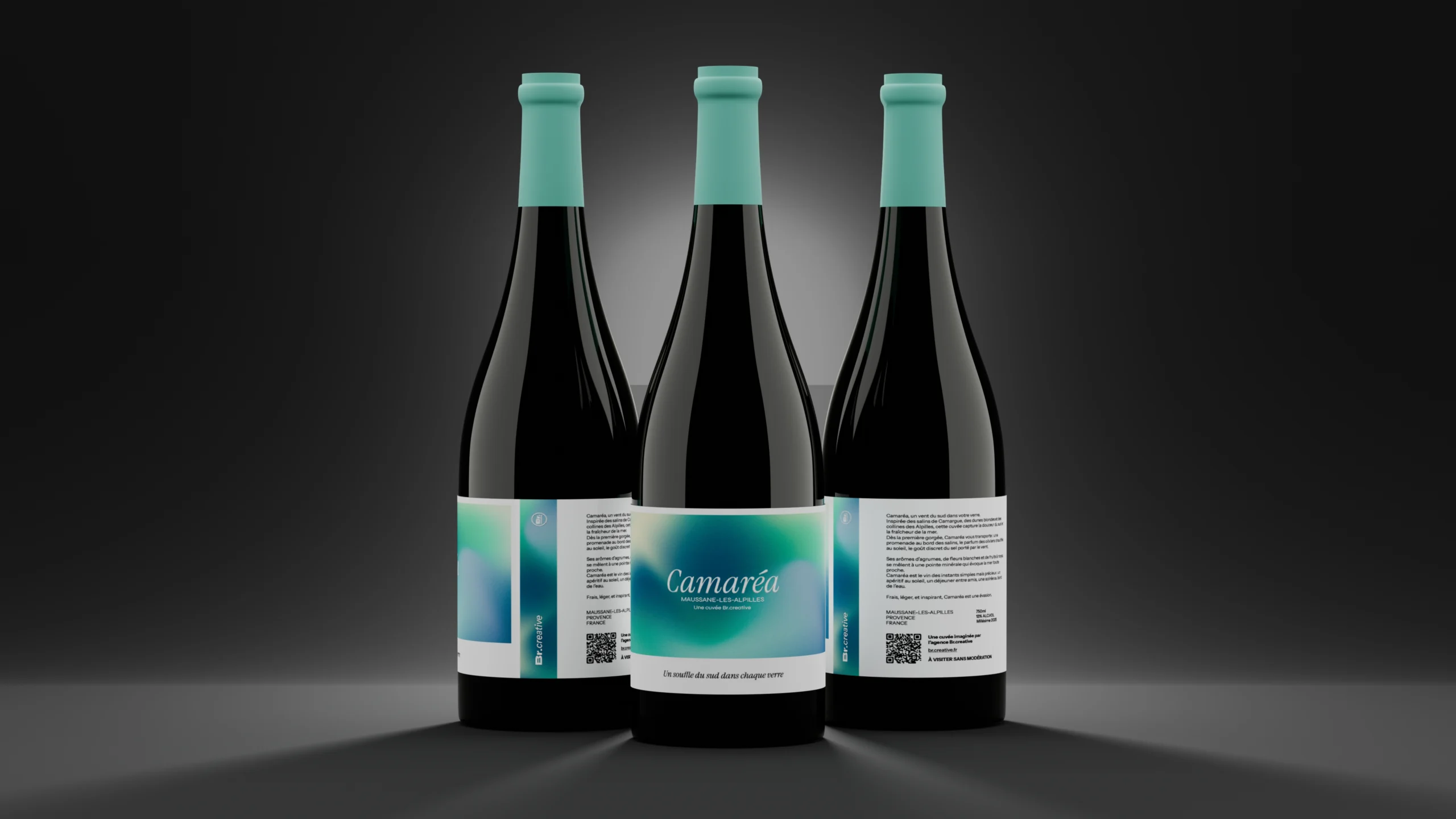 Packshot 3D cuvée Camaréa vin rouge – visuel bouteille haut de gamme
