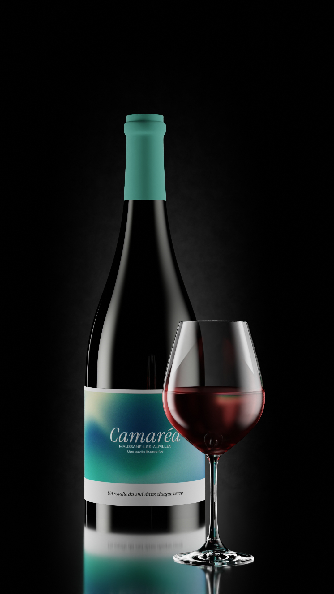 Bouteille Camaréa et verre de vin rouge en 3D – visuel packshot CGI vertical