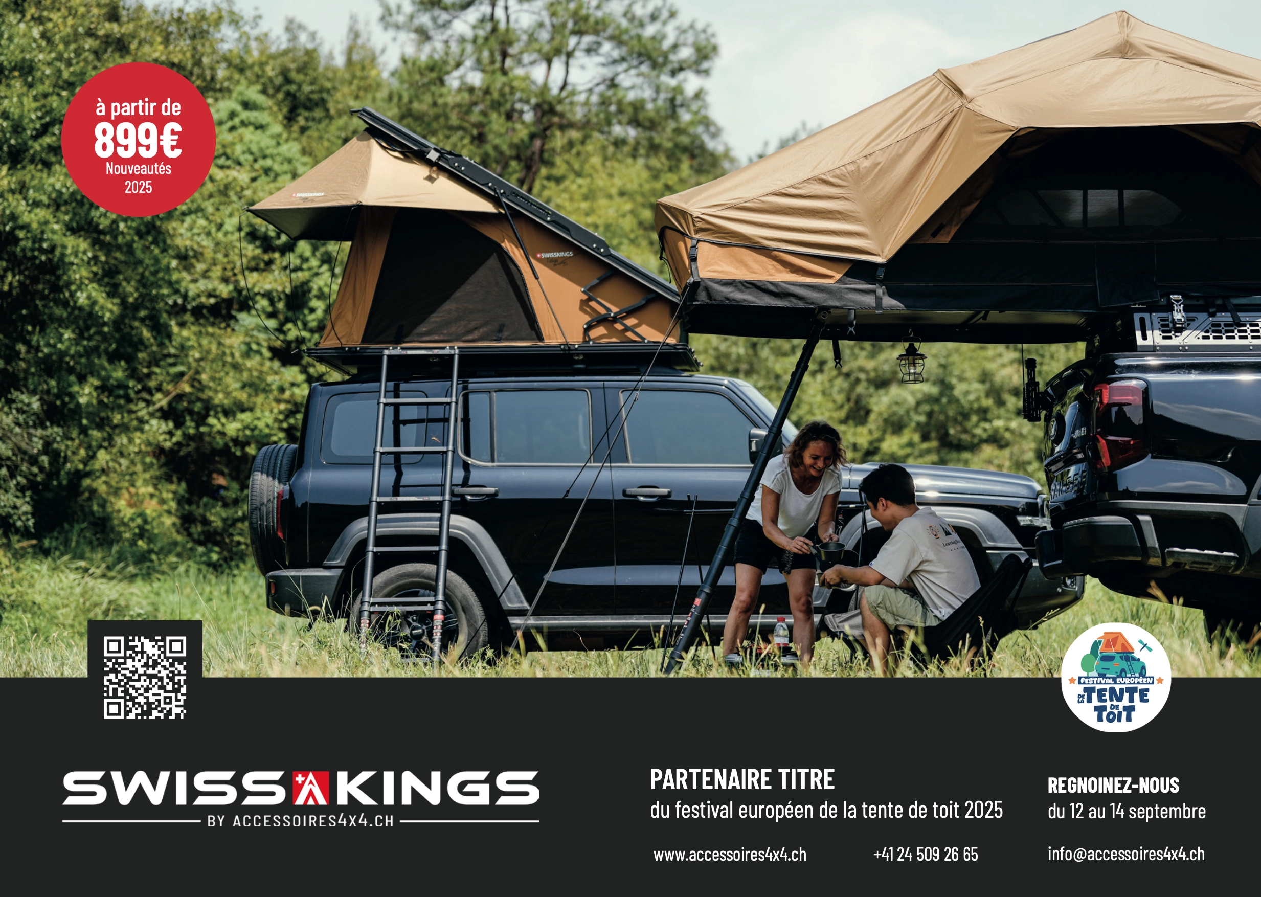 Visuel publicitaire Swisskings – tente de toit sur 4x4 dans la nature – slogan et logo