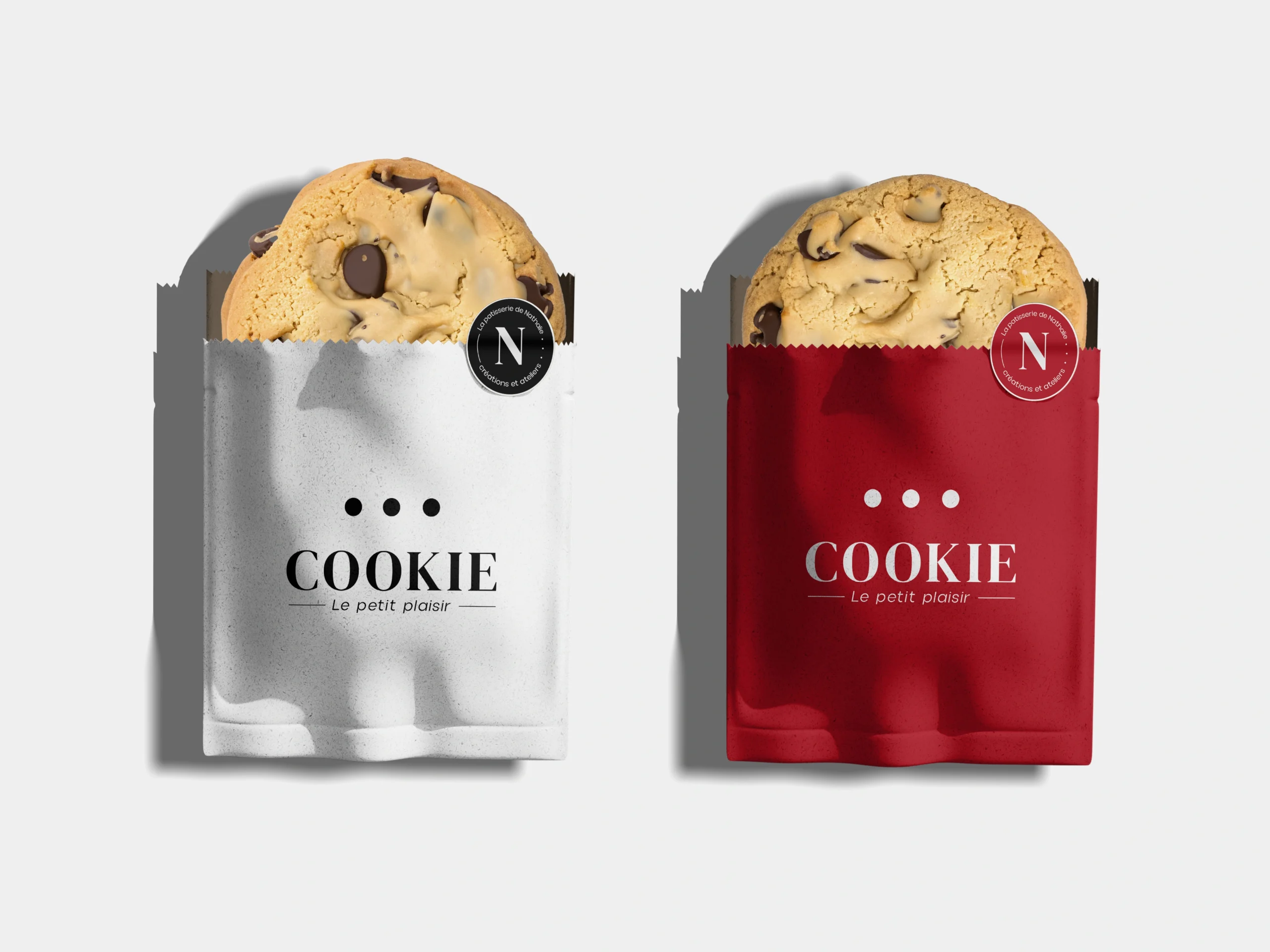 Packaging personnalisé de cookies pour La Pâtisserie de Nathalie avec sachets blancs et rouges
