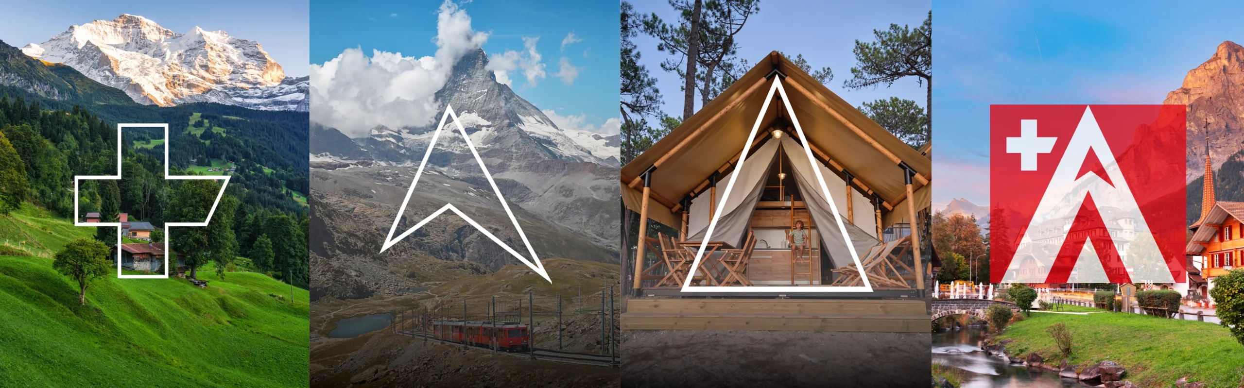 Visuel d'ambiance Swisskings illustrant l'univers outdoor premium avec tente de toit en montagne et tracé graphique typé randonnée