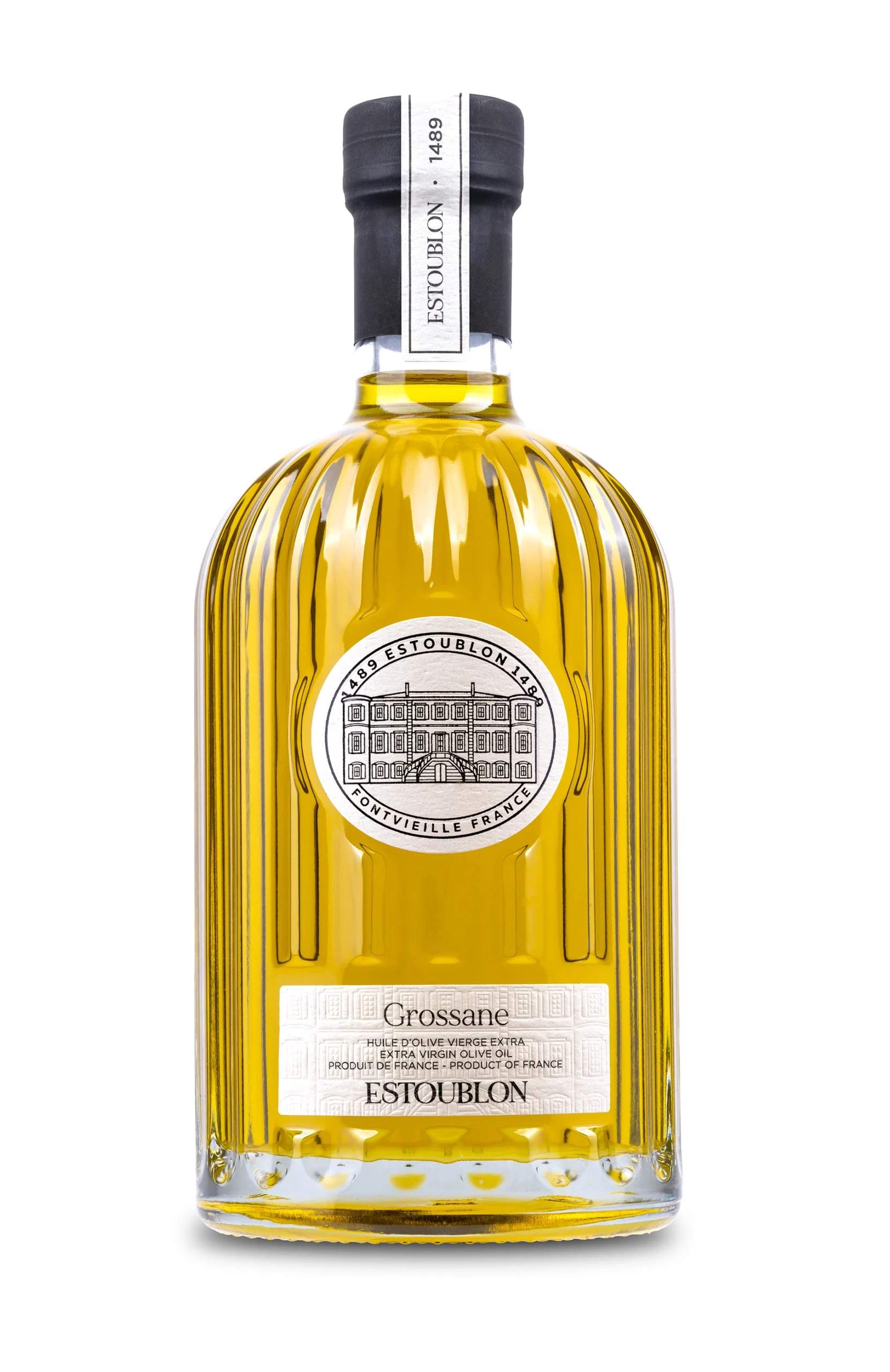 Bouteille d’huile d’olive Grossane du Château d’Estoublon vue de face, détourée en haute définition