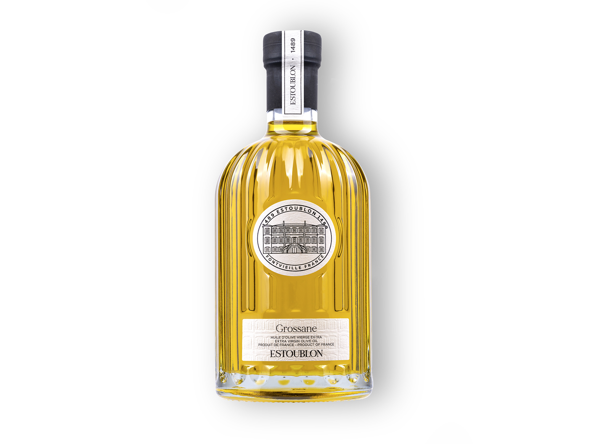 Bouteille d’huile d’olive Grossane du Château d’Estoublon, vue de face, avec étiquette