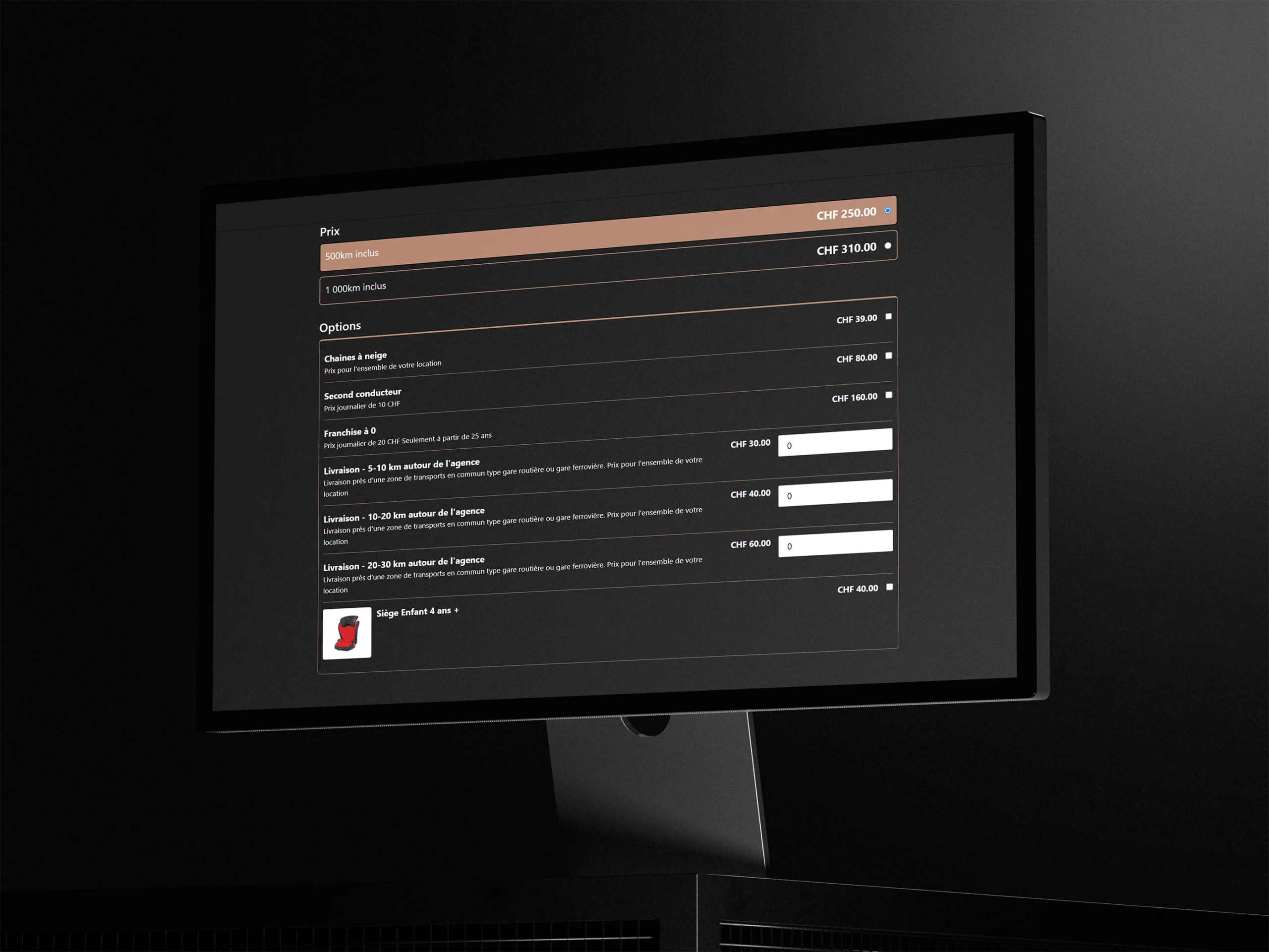 Mock-up écran du site alpcarrental.ch affichant le formulaire de réservation de véhicules