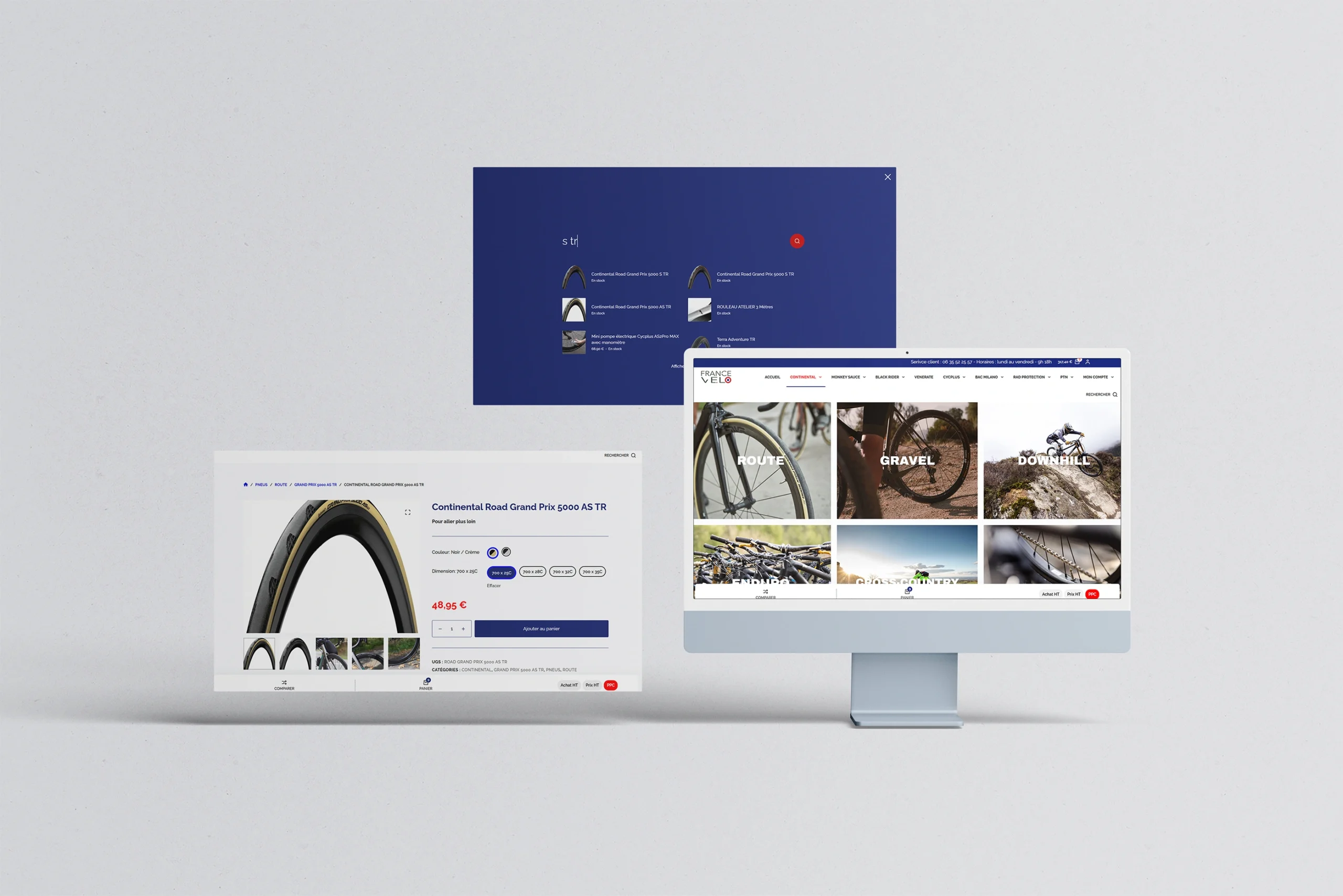 Aperçu de plusieurs pages du site francevelo.pro sur écran d’ordinateur, incluant page d’accueil, fiche produit et navigation