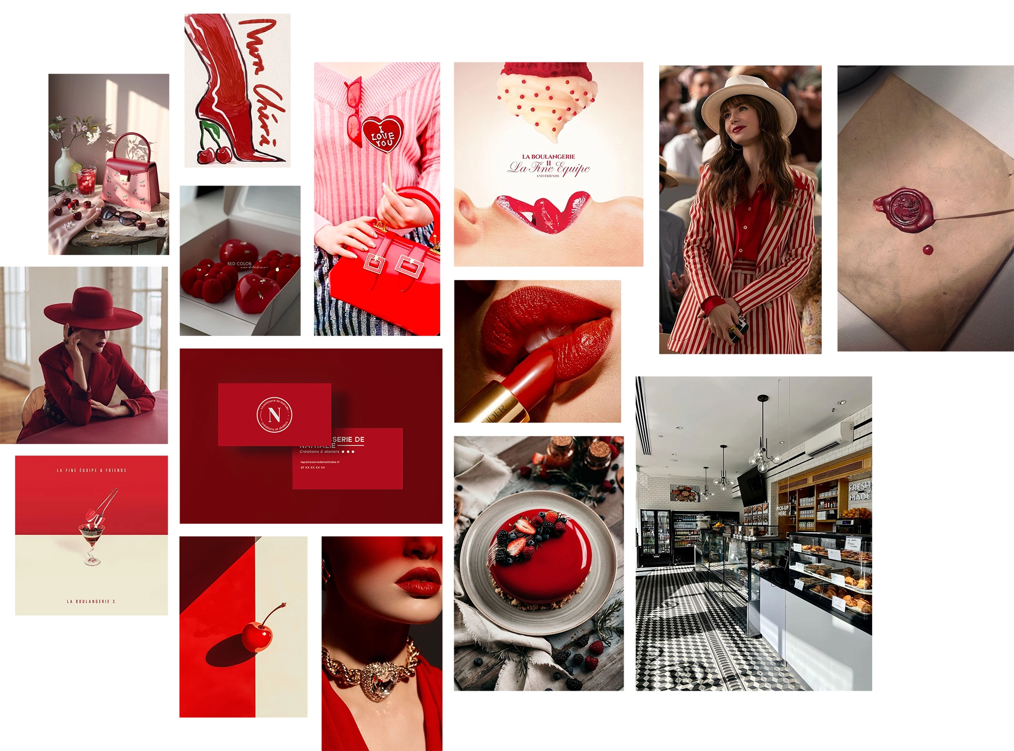 Moodboard rouge et rose pour l’univers visuel de La Pâtisserie de Nathalie, créé par Br.creative