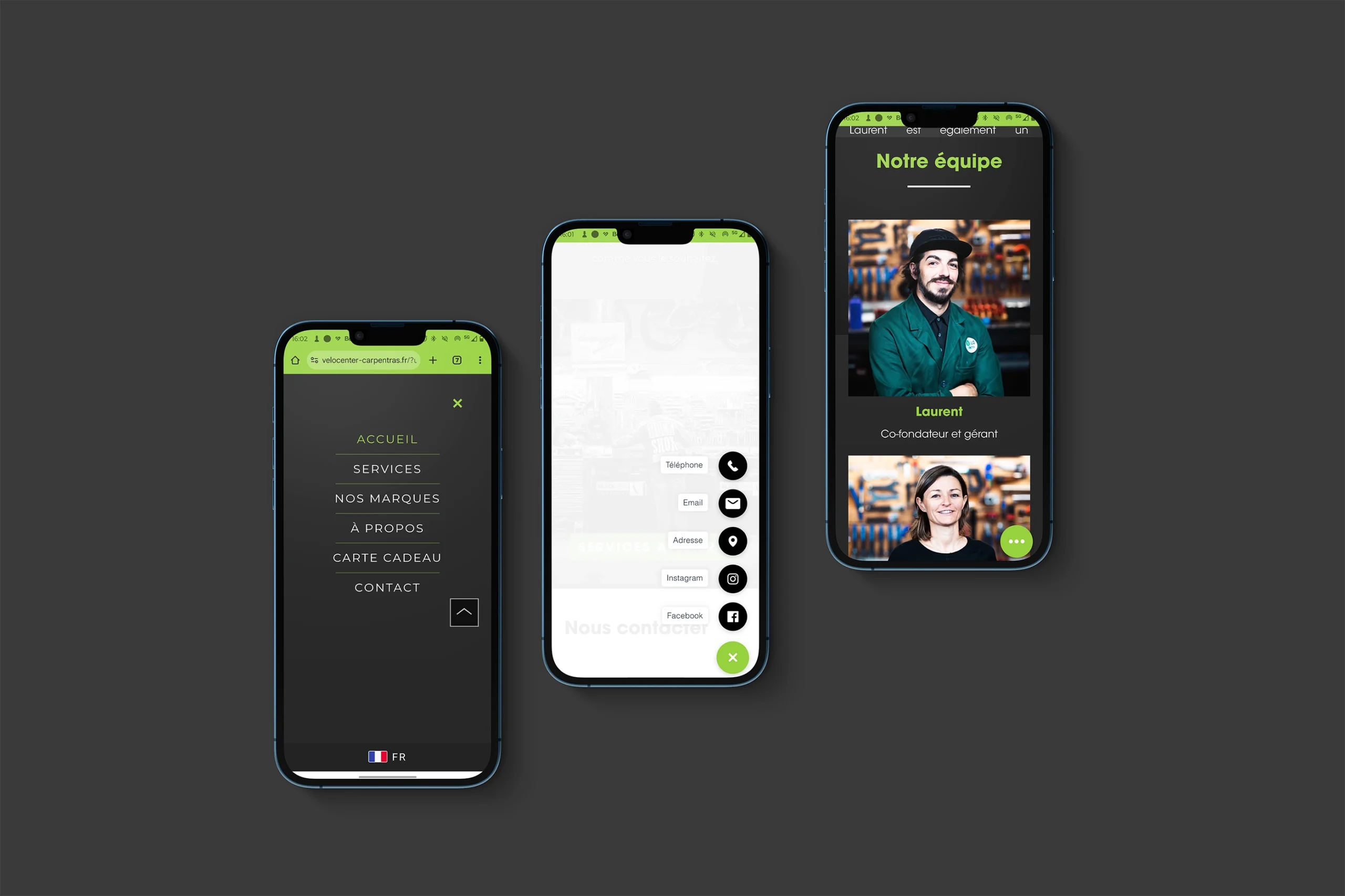 Aperçu de l'application mobile Vélo Center affichée sur plusieurs écrans de smartphone