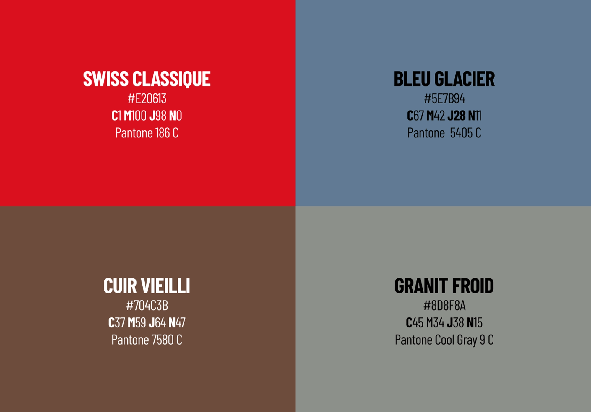 Palette secondaire de la charte graphique Swisskings avec les couleurs Swiss classique, bleu glacier, cuir vieilli et granit froid
