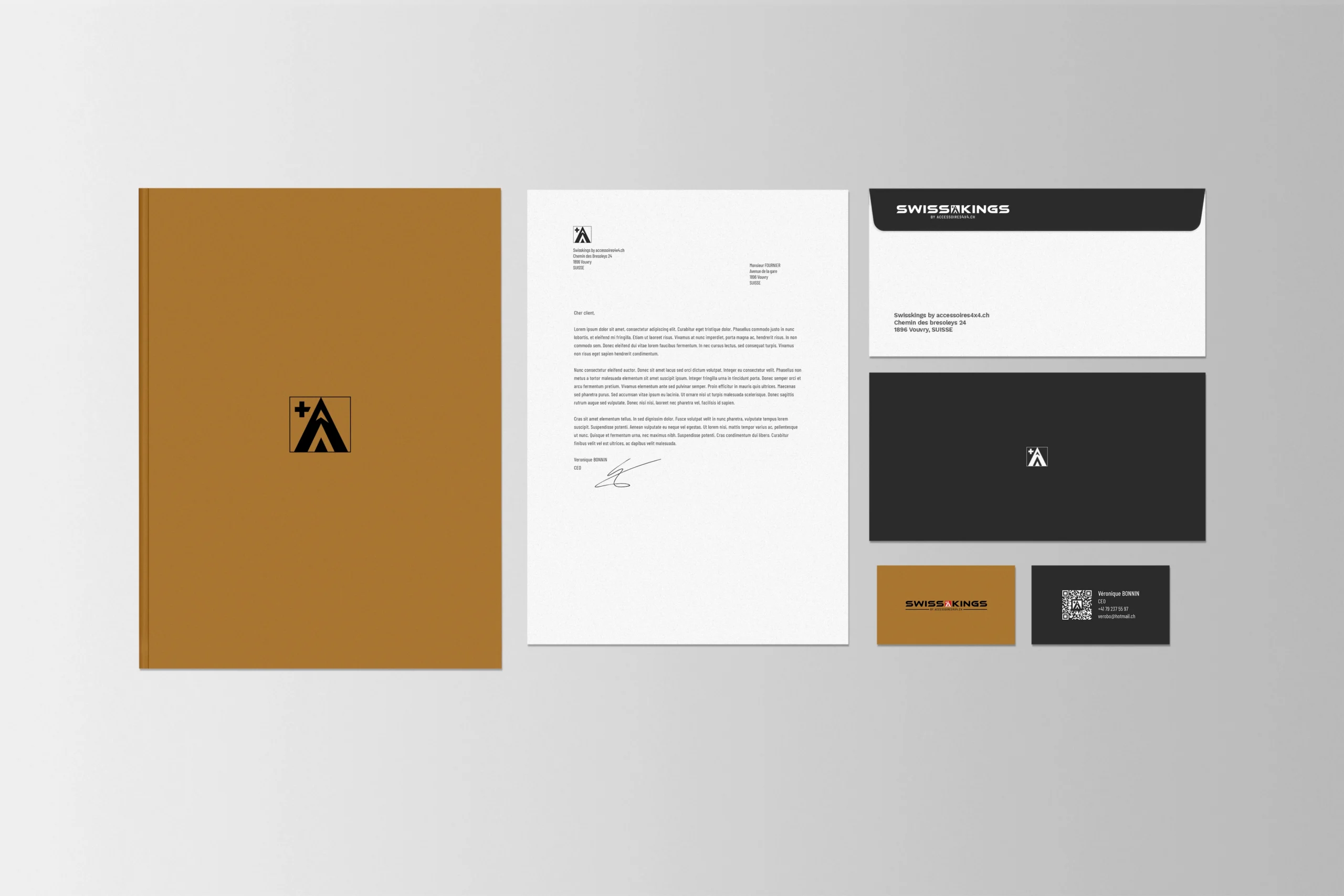 Identité visuelle Swisskings – mockup papeterie – carte de visite, lettre à en-tête, enveloppe