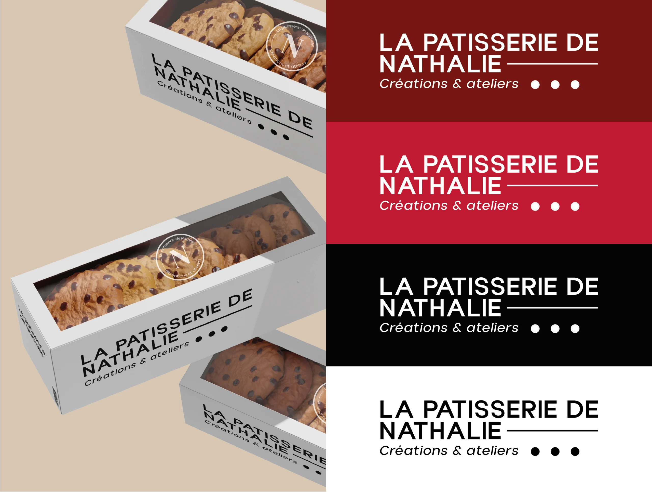 Mock-up de packagings gourmands La Pâtisserie de Nathalie avec déclinaisons de saveurs