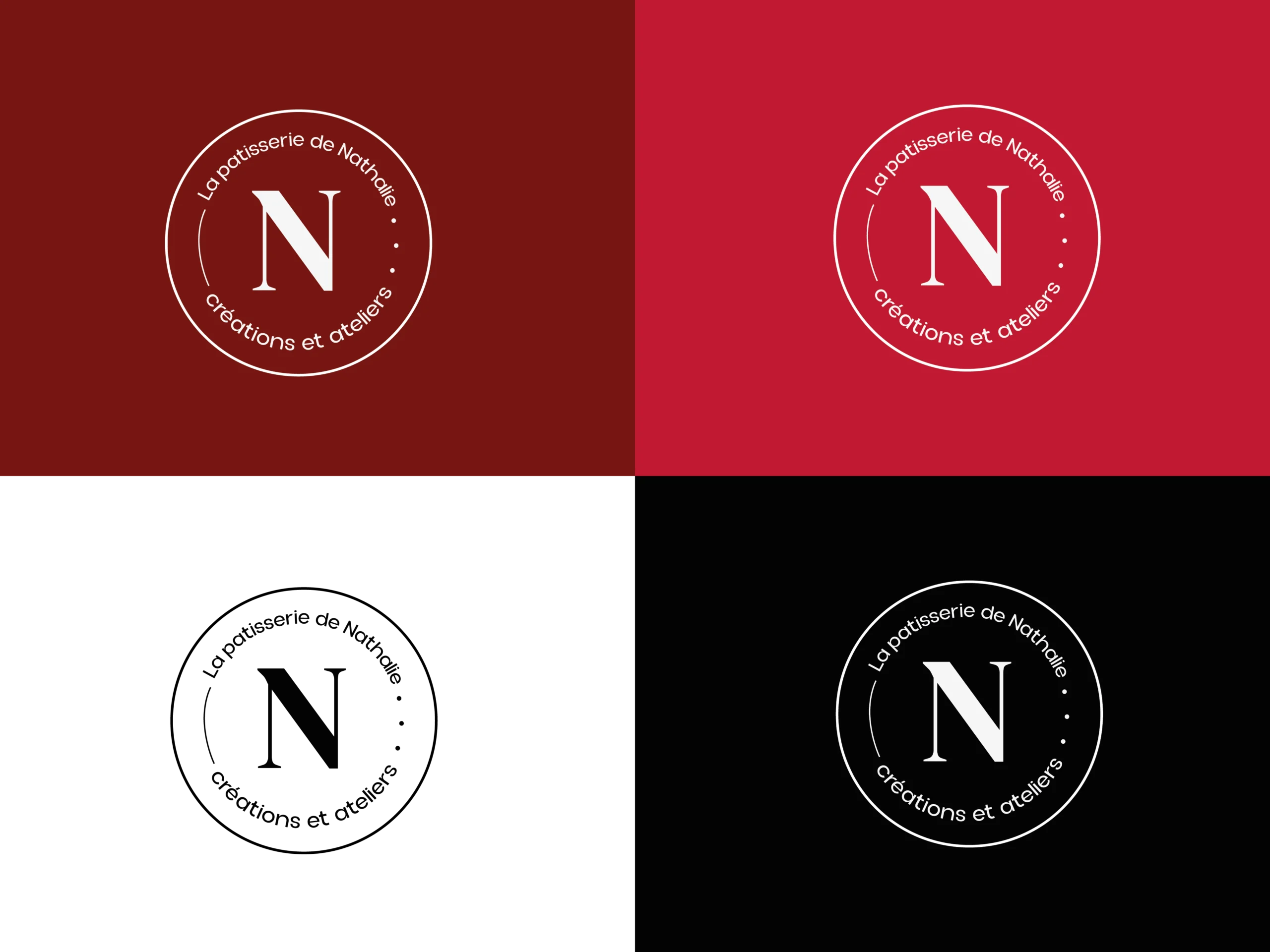 Déclinaisons du logo de La Pâtisserie de Nathalie sur fond rouge, blanc, noir et beige